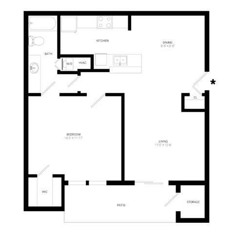 Floor plan for 1 bed, 1 bath, 680 sqft